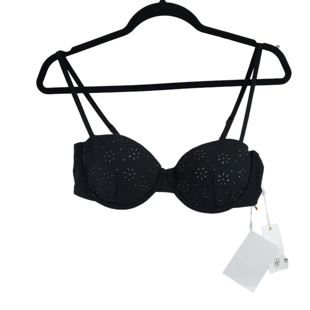NWT Tory Burch L Broderie Anglaise Underwire Bikini Top Black Gold Eyelet Swim